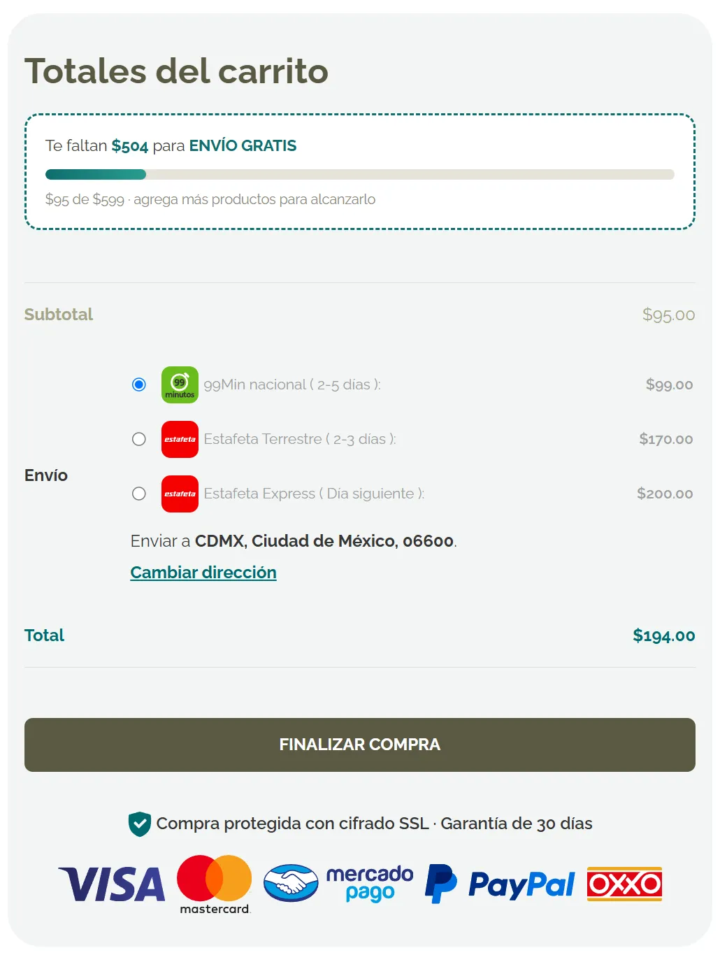 Totales del carrito con la barra «Te faltan $504 para envío gratis», tres opciones de envío a la Ciudad de México (99 Minutos nacional, Estafeta Terrestre y Estafeta Express), el botón «Finalizar compra» y los logotipos de Visa, Mastercard, Mercado Pago, PayPal y OXXO.