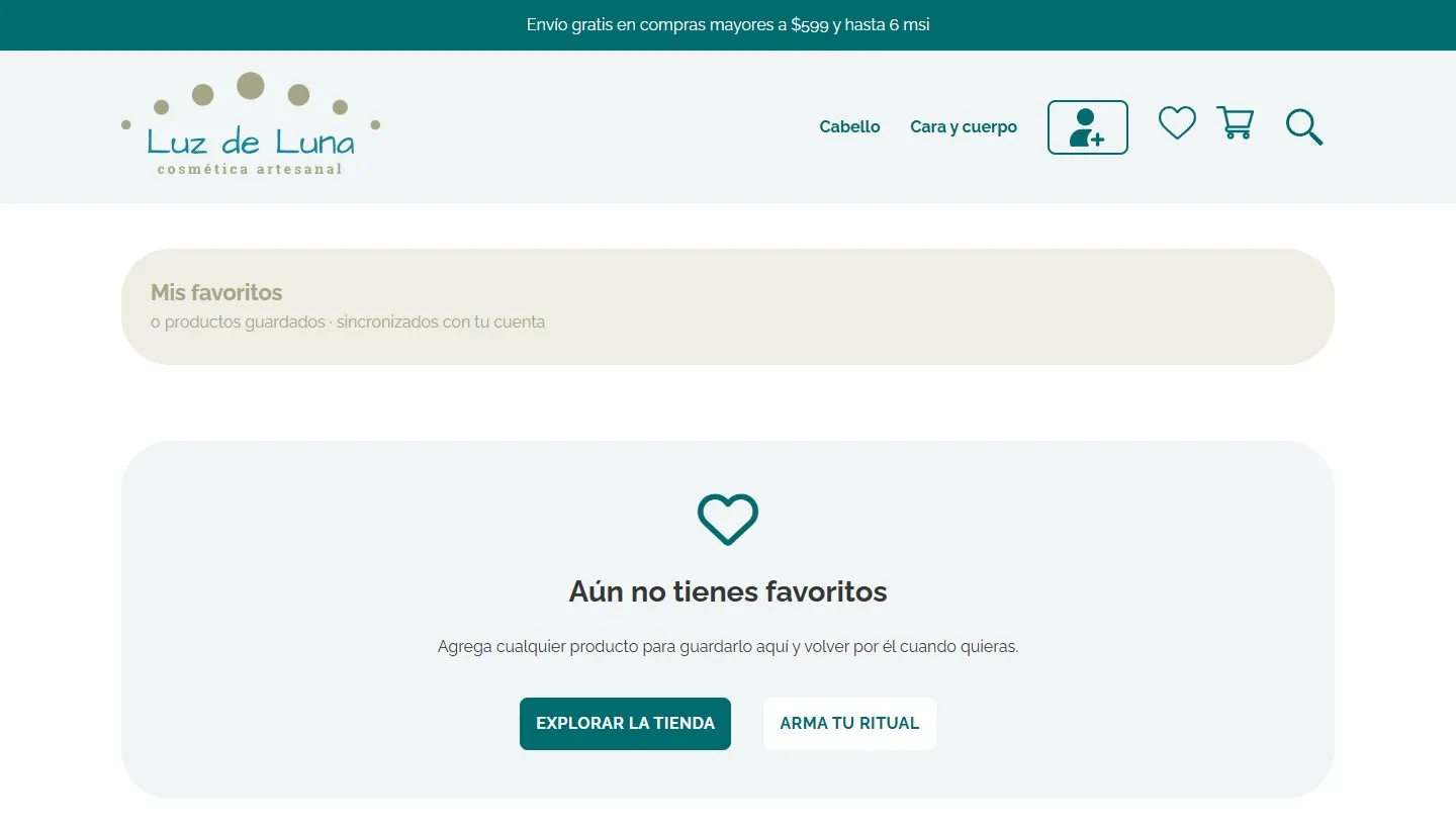 Página «Mis favoritos» vacía con un corazón, el mensaje «Aún no tienes favoritos» y los botones «Explorar la tienda» y «Arma tu ritual».