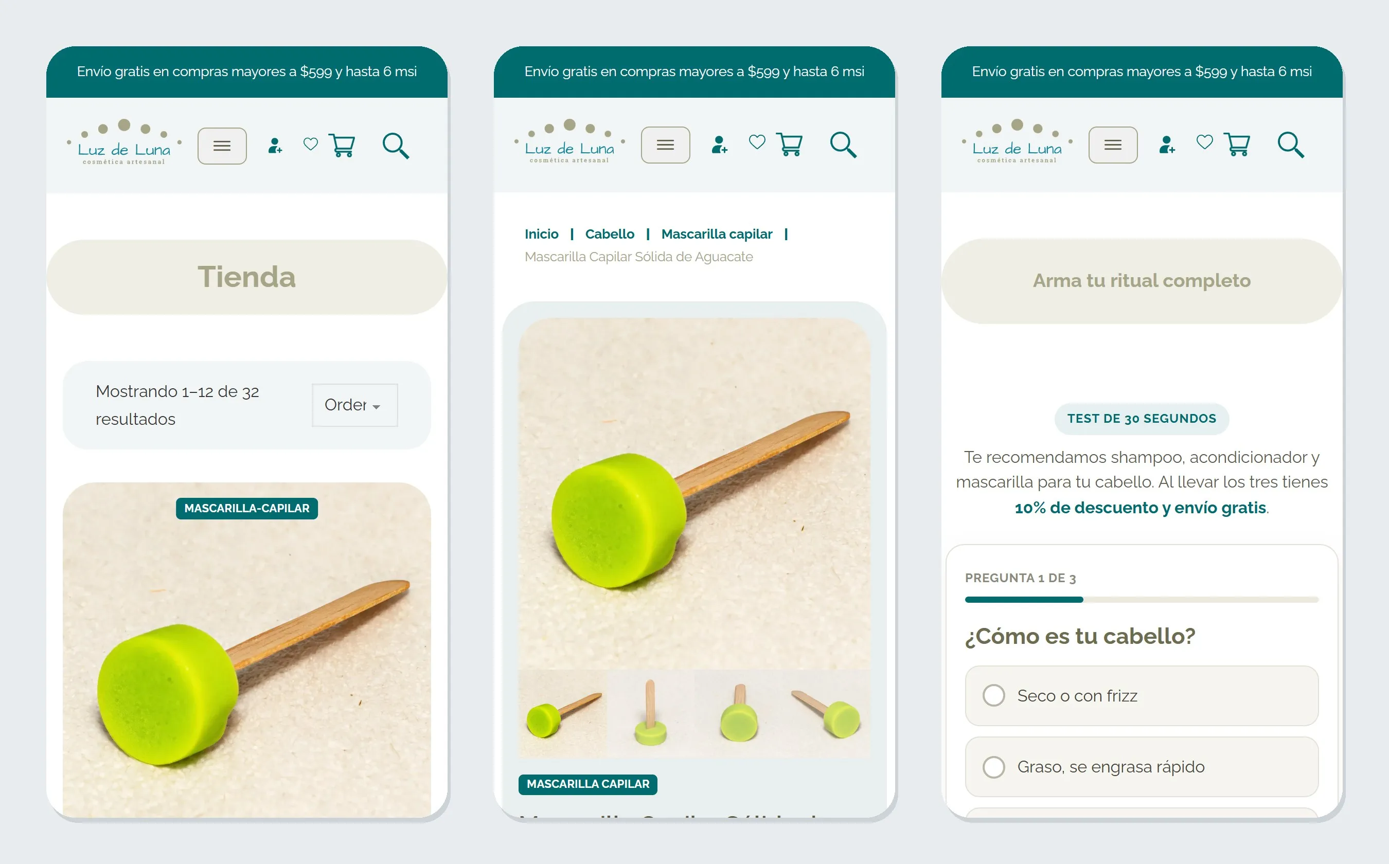Tres pantallas de móvil: la tienda, la ficha de producto con galería y el test de «Arma tu ritual».