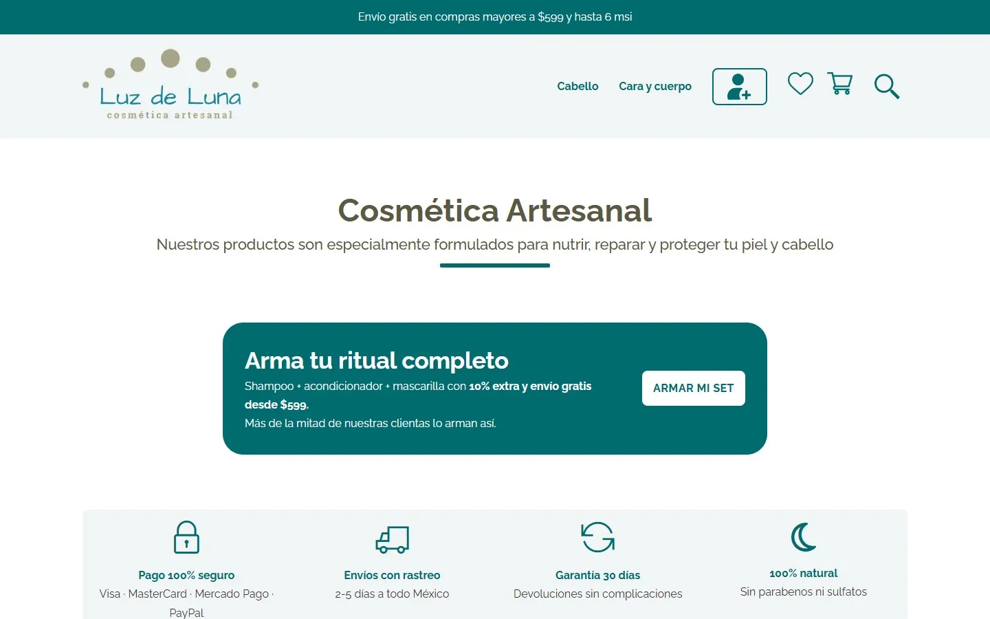 Portada de luzdeluna.online con la barra de envío gratis, el titular «Cosmética Artesanal» y el bloque «Arma tu ritual completo».