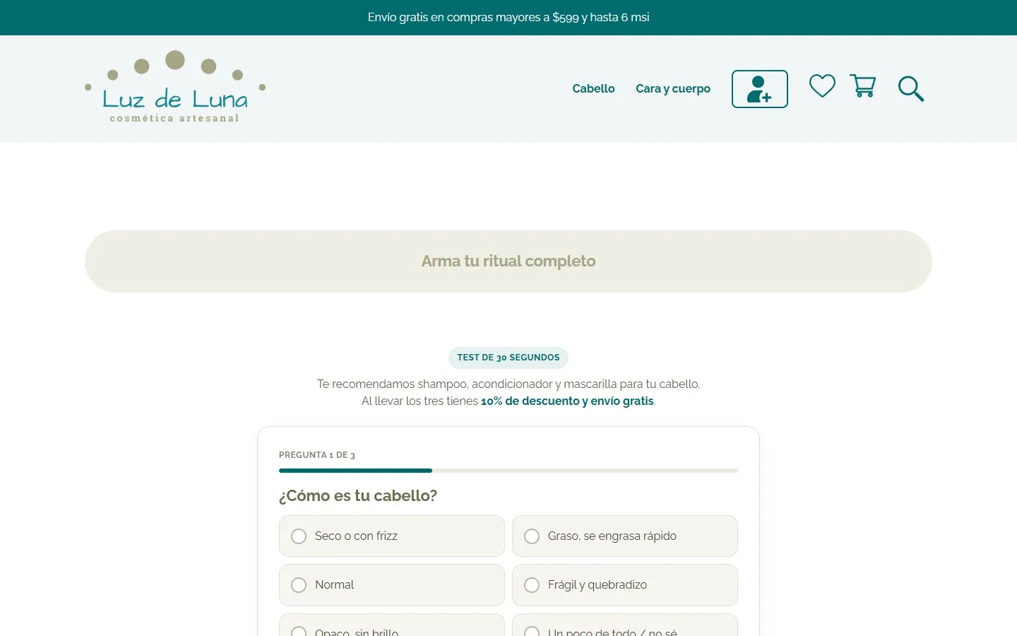 Página «Arma tu ritual completo» con el test de 30 segundos y la primera pregunta: ¿Cómo es tu cabello?