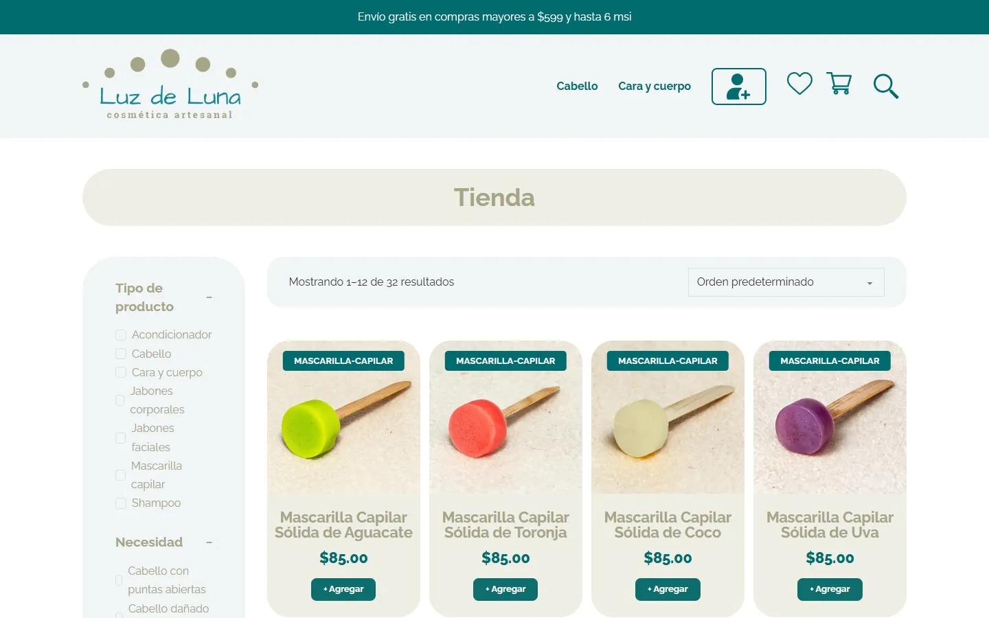 Página de la tienda con filtros por tipo de producto y por necesidad, y tarjetas de mascarillas capilares.